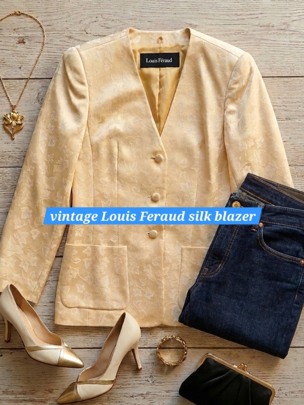 Vintage Louis Féraud Paris Collarless Silk Blend Blazer Yellow Leaf Print Size 8